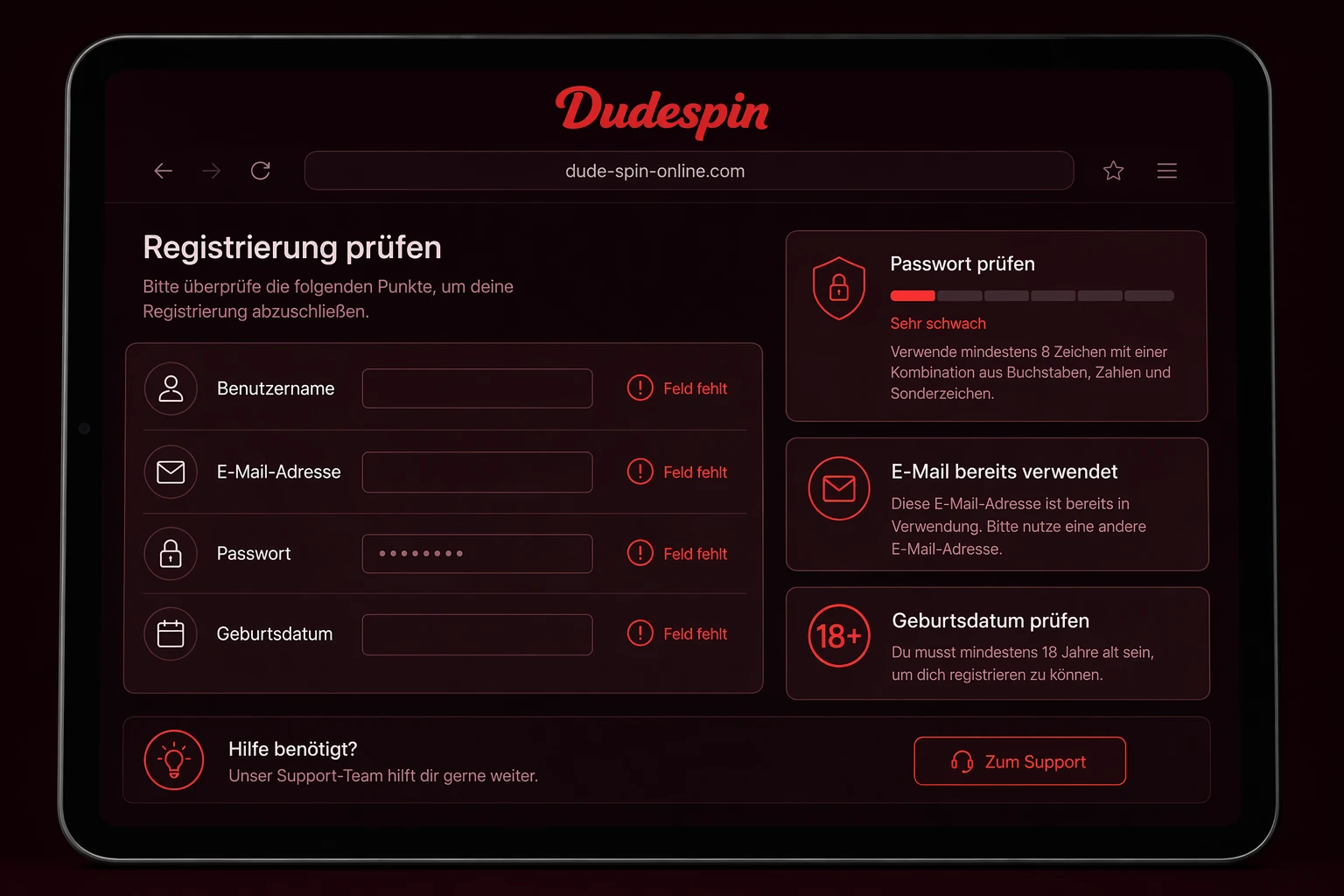 Wenn die Registrierung nicht abgeschlossen werden kann